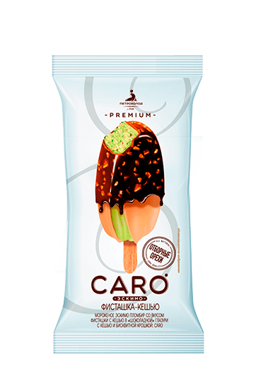 «CARO» Мороженое эскимо пломбир со вкусом фисташки с кешью в шоколадной глазури с кешью и бисквитной крошкой